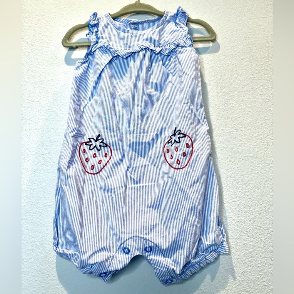 Sweet Strawberry Embroidered Pin Stripe Romper | Ruffles | 6-9mo | EUC | Blue